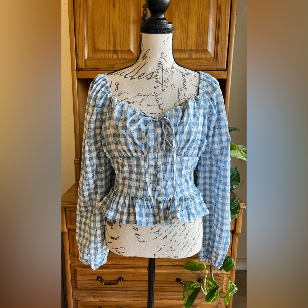 Rose‎ and Grey Blue Gingham Daisy Sweetheart Corset Checkered Blouse- Medium